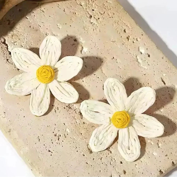 Lalita Daisy Sky Boho Raffia Flower Earrings - Picture 3 of 11